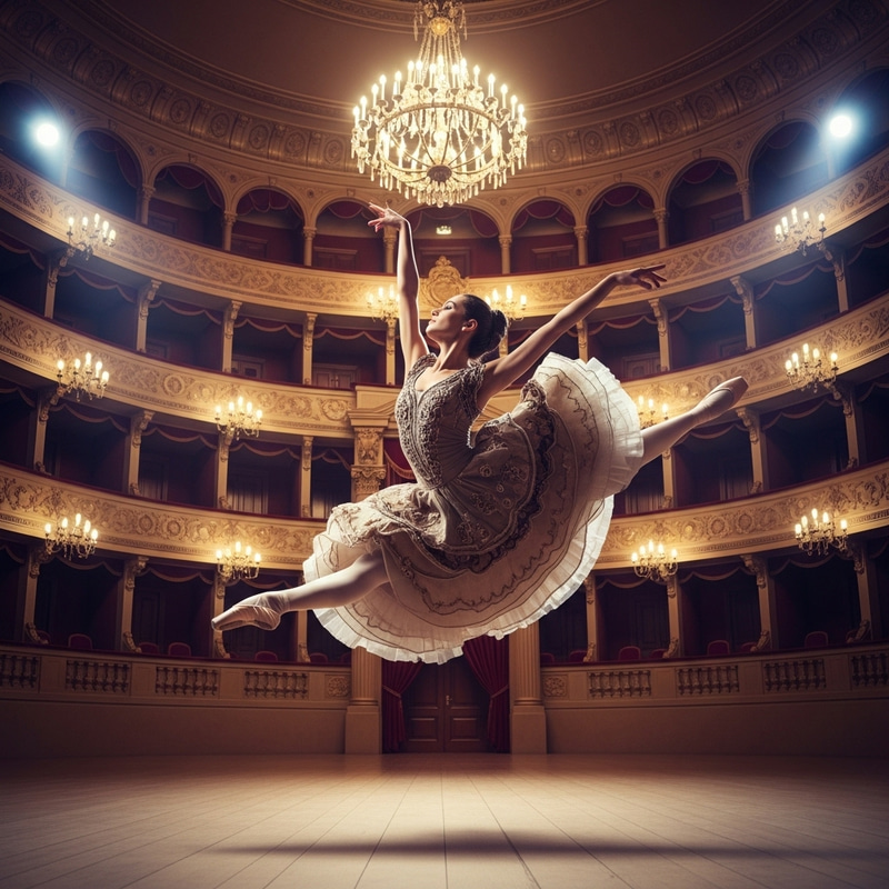 Elegant Ballerina Leaping in Grand Theater - Vibrant Colors, Dramatic Lighting Elegant Ballerina Leaping in Grand Theater - Vibrant Colors, Dramatic Lighting