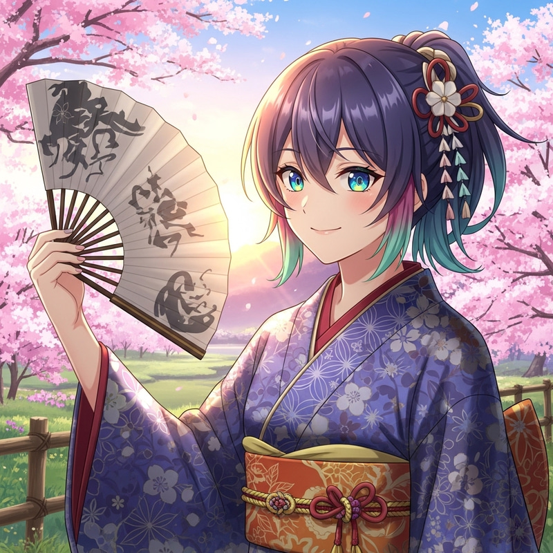 Colorful Anime Character in Kimono with Sakura Trees