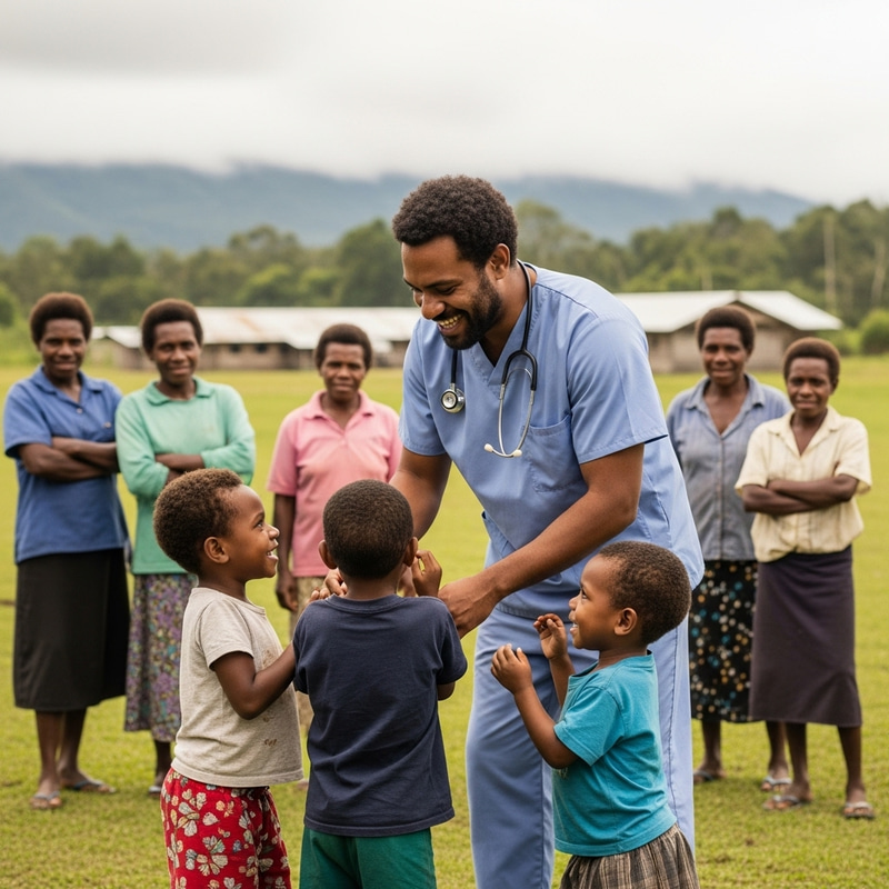 Melanesian Doctor Playing with Village Children in Rural Papua New Guinea Melanesian Doctor Playing with Village Children in Rural Papua New Guinea