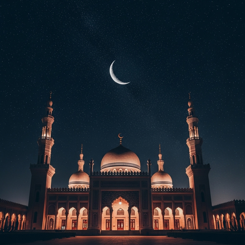 Stunning Mosque Decorated Under Starry Sky Stunning Mosque Decorated Under Starry Sky