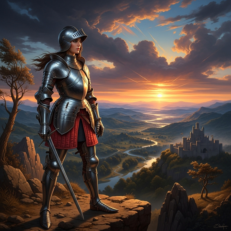 Valiant Female Knight in Gleaming Armor Stands at the Precipice Valiant Female Knight in Gleaming Armor Stands at the Precipice