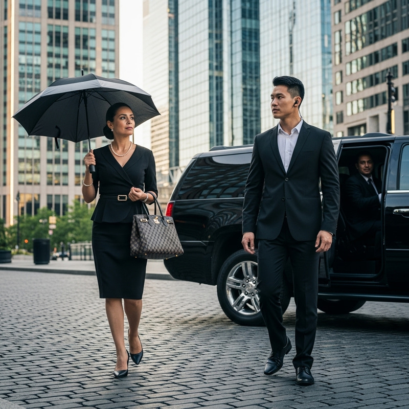 Stylish Wealthy Hispanic Woman with Bodyguard in Urban Scene