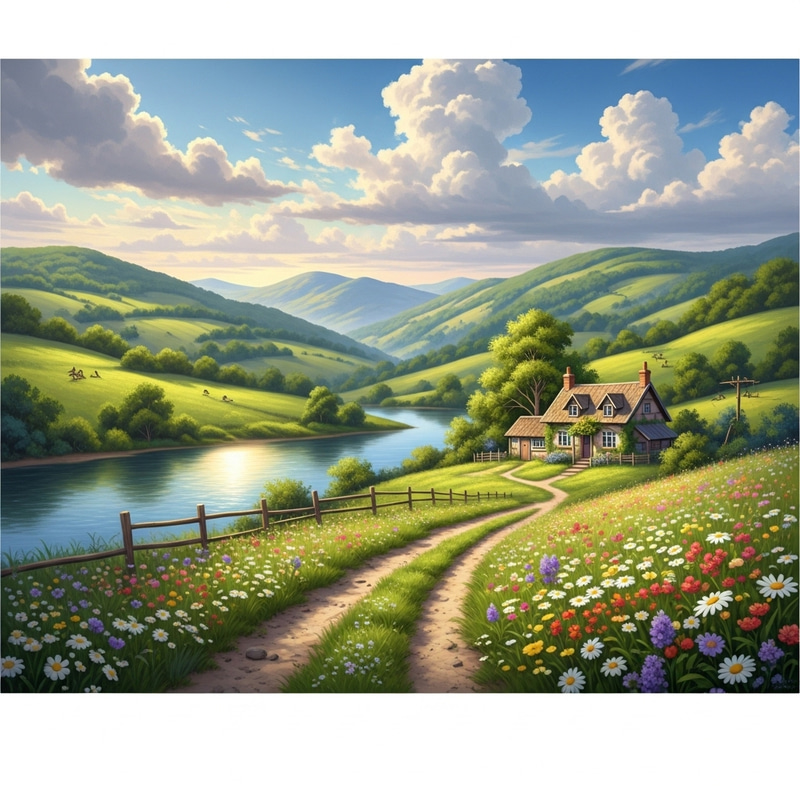 Tranquil Countryside Landscape with River and Cottage Tranquil Countryside Landscape with River and Cottage