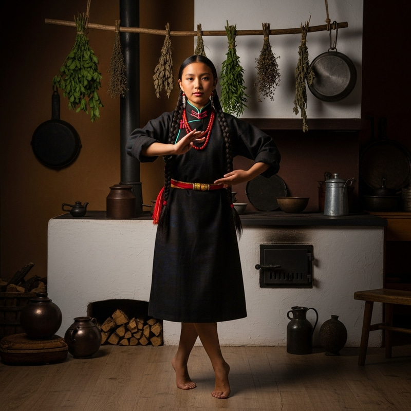 Traditional Tibetan Girl Dancing in Medieval Kitchen Traditional Tibetan Girl Dancing in Medieval Kitchen