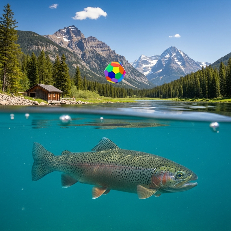Trout Swimming Beneath Beautiful Landscape with Colorful Geometric Object Trout Swimming Beneath Beautiful Landscape with Colorful Geometric Object