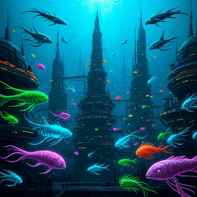 Mysterious Bioluminescent Underwater City with Vibrant Color Effects Mysterious Bioluminescent Underwater City with Vibrant Color Effects