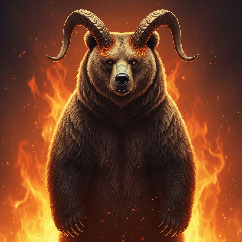 Realistic Grizzly Bear in Fiery Inferno: Demonic Horns & Glowing Eyes Realistic Grizzly Bear in Fiery Inferno: Demonic Horns & Glowing Eyes
