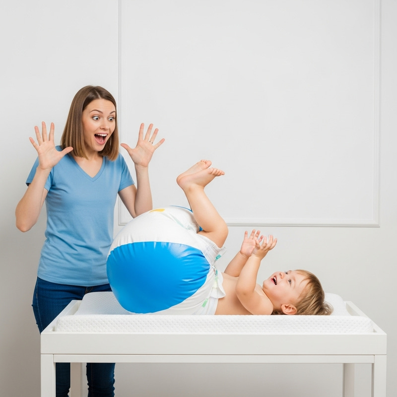 Joyful Toddler Kicking Feet in Comically Large Inflated Diaper