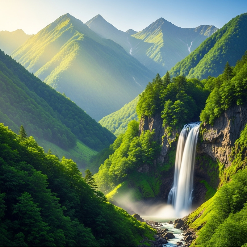 Serenity of Green Mountains with Waterfall View Serenity of Green Mountains with Waterfall View