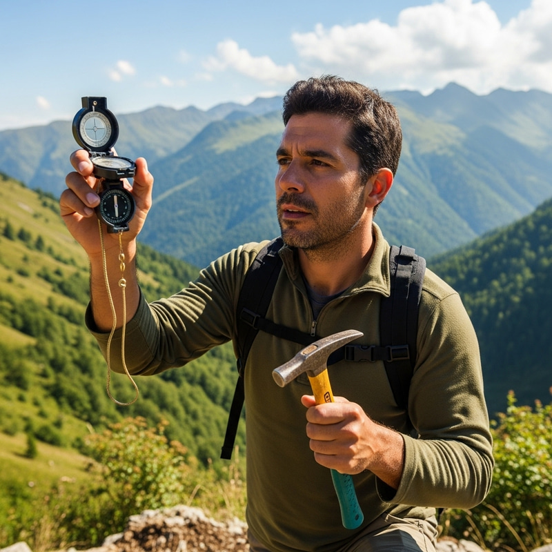 Hispanic Geologist in Mountain Terrain with Compass and Hammer