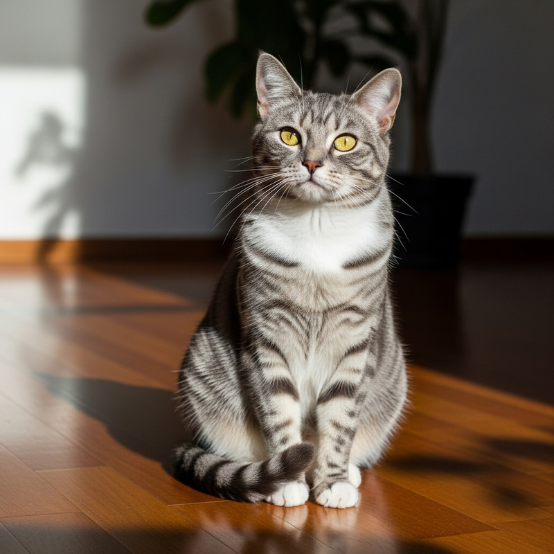 Cute Grey and White Striped Cat on Wooden Floor