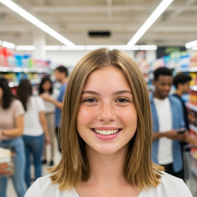 Joyful Teenage Girl with Medium-Length Straight Blonde Hair in Supermarket