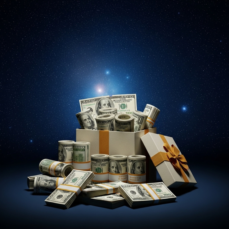 Money Bundle Gift Box on Starry Background Money Bundle Gift Box on Starry Background