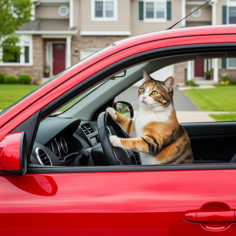 Adorable Cat Driving in Vibrant Red Car | Fun Scene Adorable Cat Driving in Vibrant Red Car | Fun Scene