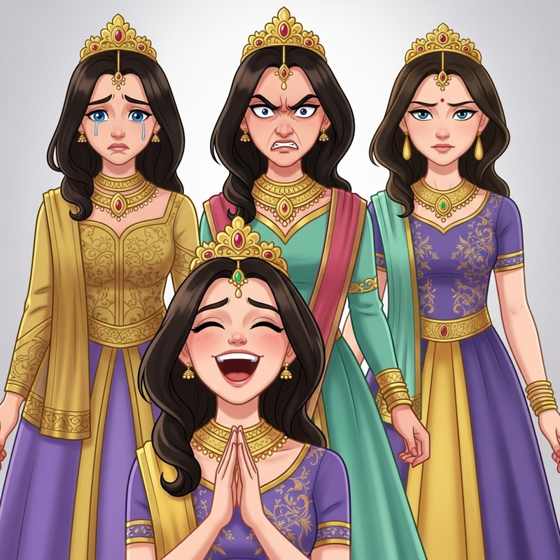 South Asian Princess Emotions: Sad, Angry, Happy, Emotionless - Illustrations South Asian Princess Emotions: Sad, Angry, Happy, Emotionless - Illustrations