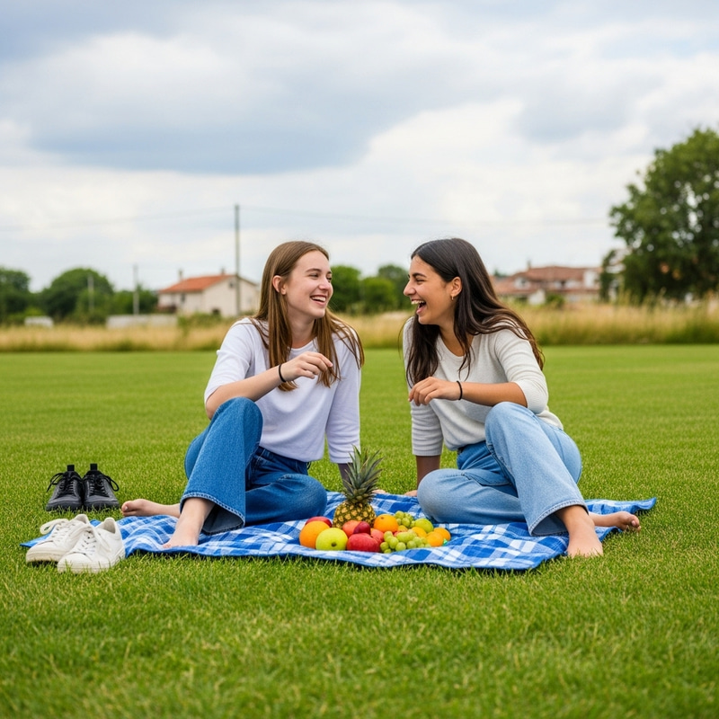 Spanish Teenage Girls Laughing and Picnicking on Green Grass