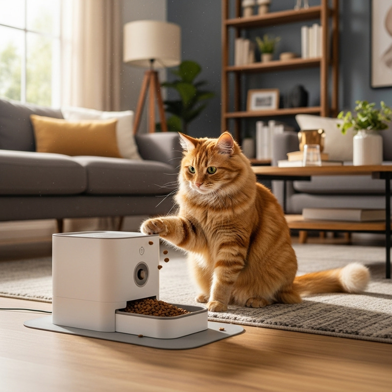 Cat with Pet Feeder in Living Room Cat with Pet Feeder in Living Room