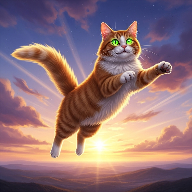 Flying Cat Soars Above Enchanting Landscape Flying Cat Soars Above Enchanting Landscape