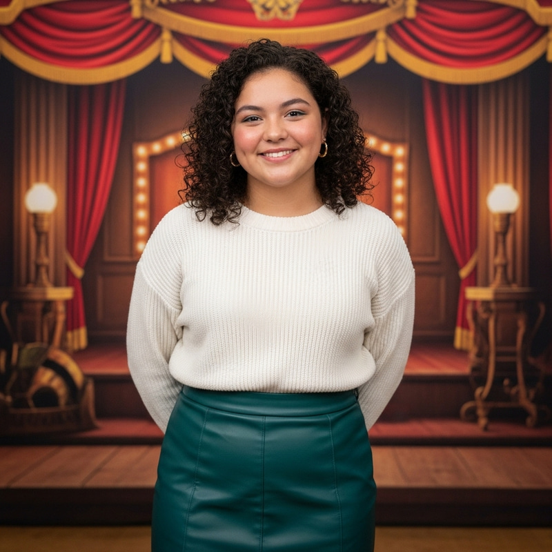 Young Girl Smiling in Stylish Movie Set Young Girl Smiling in Stylish Movie Set