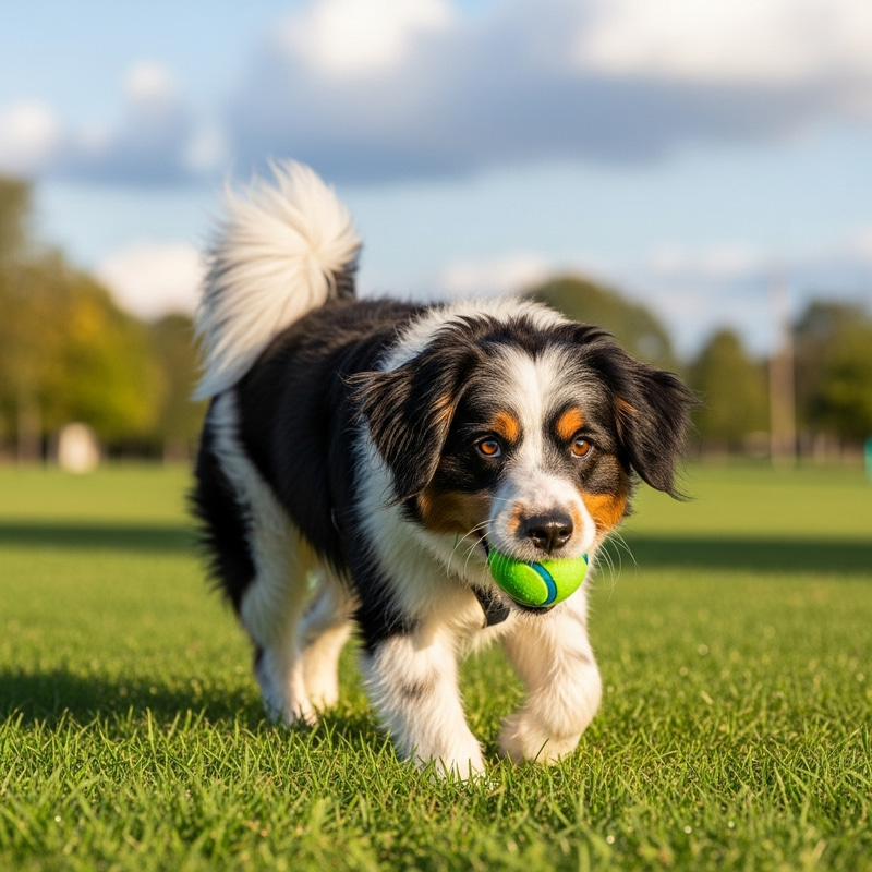 Happy Fluffy Dog in Park Playing with Neon Green Ball