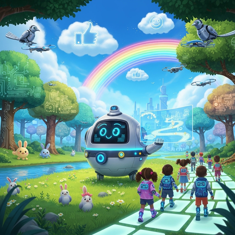 Friendly Future: AI Odyssey in Colorful Cartoon Landscape Friendly Future: AI Odyssey in Colorful Cartoon Landscape