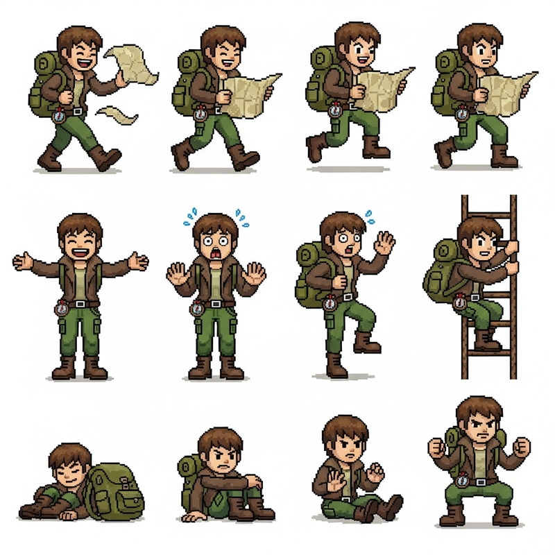 Adventurer Pixel Art Sprite Sheet | Dynamic Poses & Actions Adventurer Pixel Art Sprite Sheet | Dynamic Poses & Actions