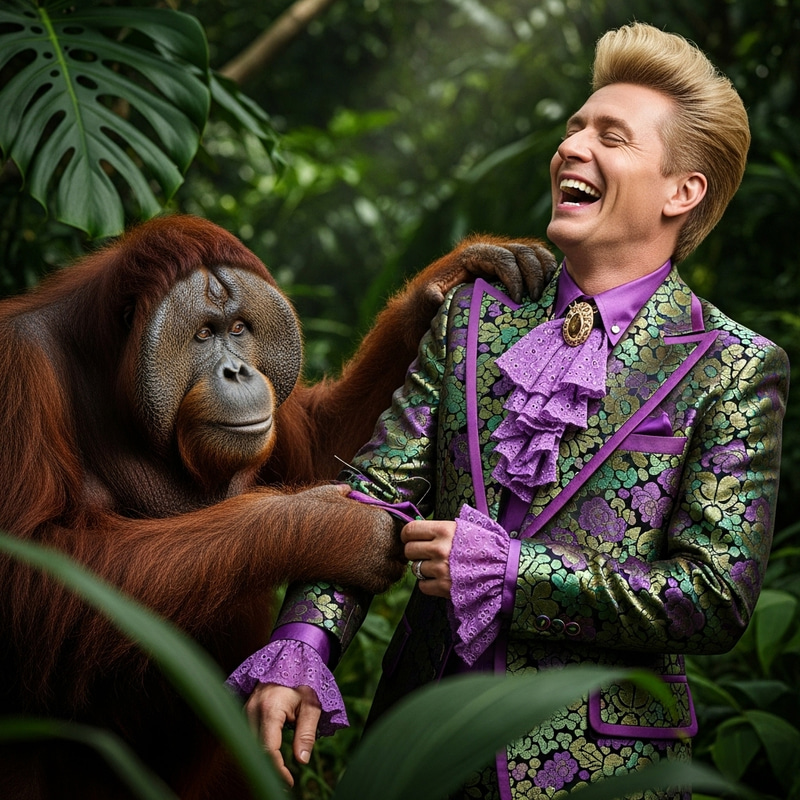 Orangutan Playing with Man: Playful Interaction Scene Orangutan Playing with Man: Playful Interaction Scene