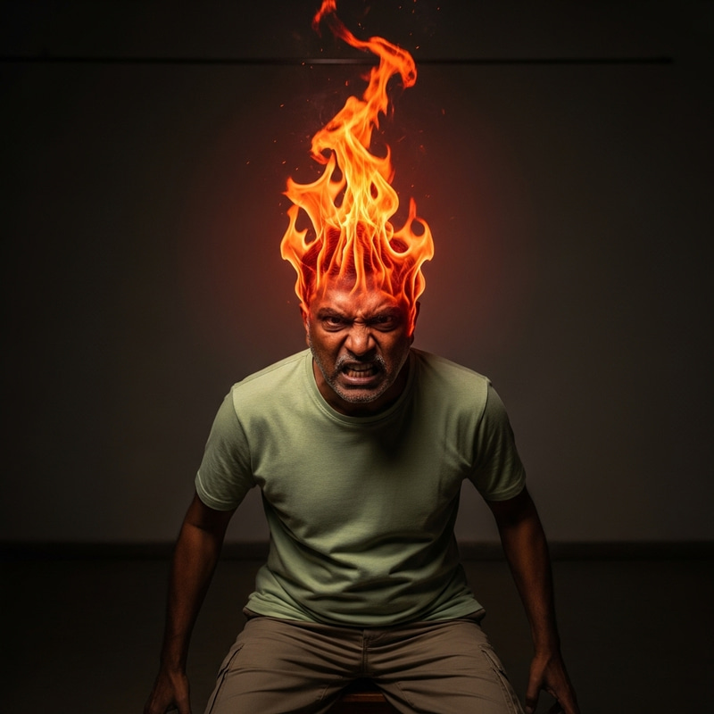 Angry Person with Fire on Head: Intense Scene Angry Person with Fire on Head: Intense Scene
