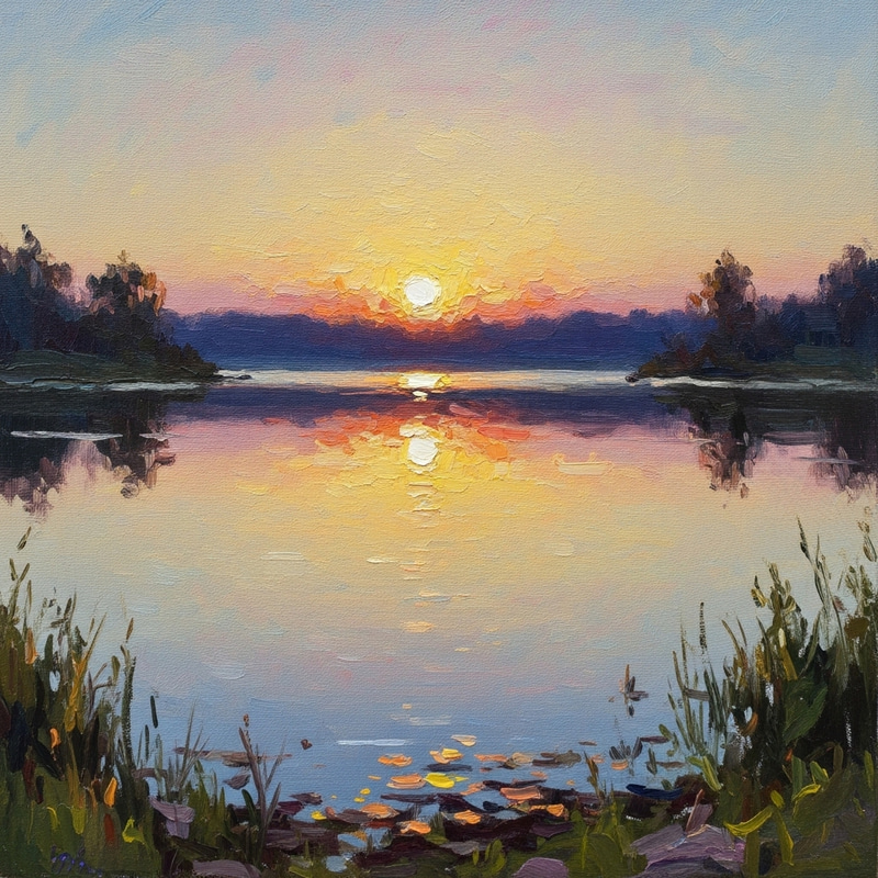 Serene Sunset Over a Tranquil Lake in Impressionist Style Serene Sunset Over a Tranquil Lake in Impressionist Style