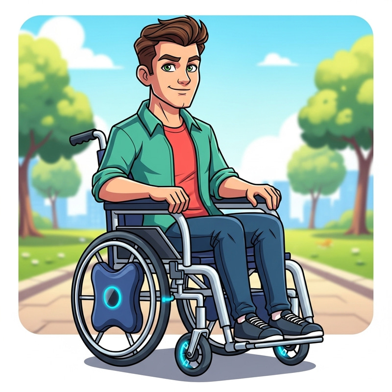 Confident Young Man with Brown Hair and Green Eyes in Modern Wheelchair Confident Young Man with Brown Hair and Green Eyes in Modern Wheelchair
