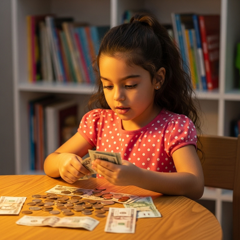 Young Hispanic Girl Counting Coins and Banknotes | Financial Learning Young Hispanic Girl Counting Coins and Banknotes | Financial Learning