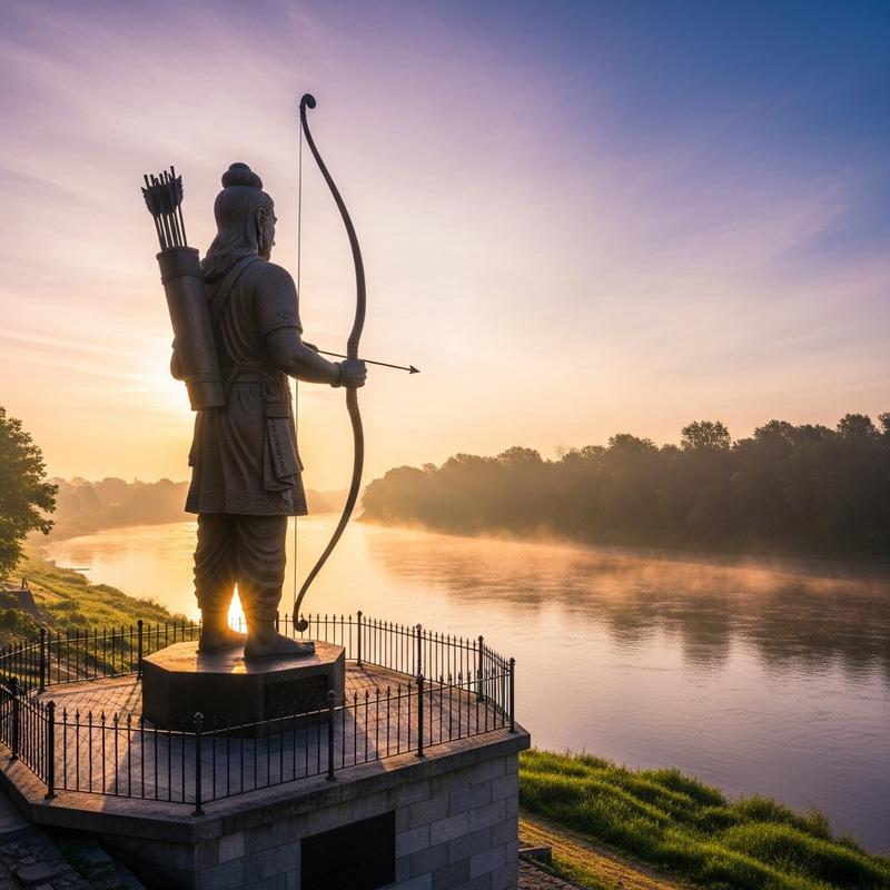 Towering Statue of Dedication by River | Ethereal Sunrise Scene Towering Statue of Dedication by River | Ethereal Sunrise Scene