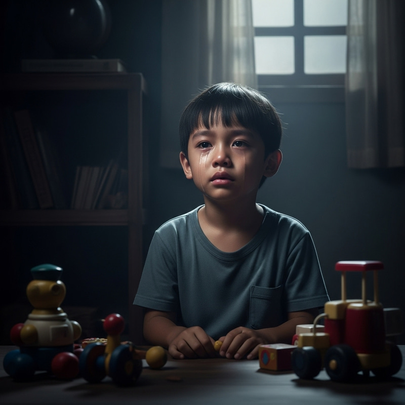Melancholic Scene: Innocent Asian Child Crying in Dimly Lit Room Melancholic Scene: Innocent Asian Child Crying in Dimly Lit Room