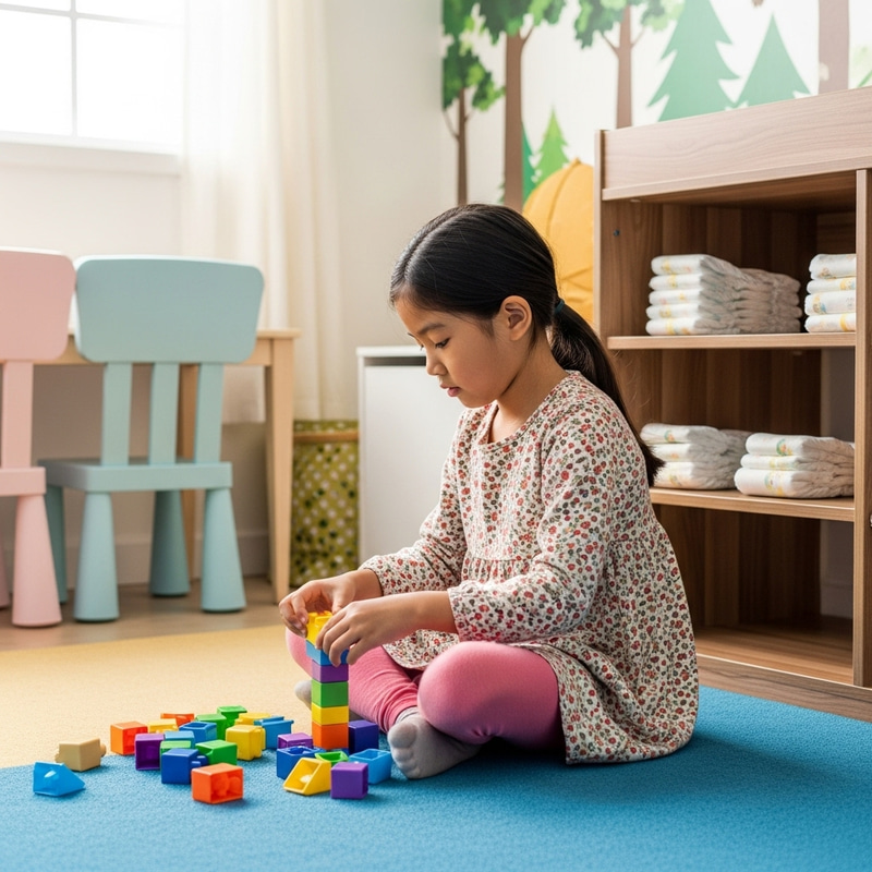 6-Year-Old in Diaper Playing with Building Blocks