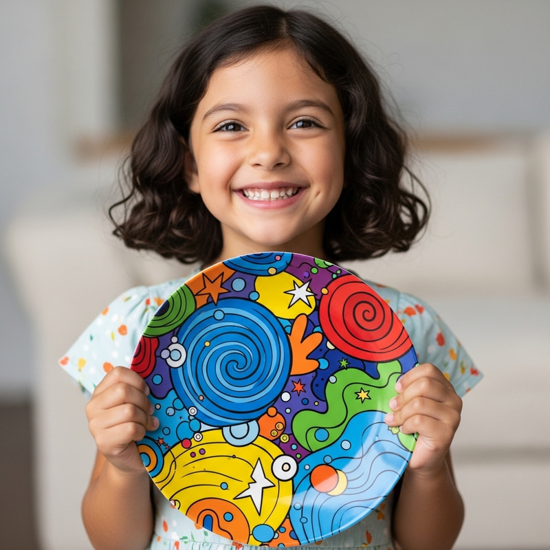Smiling Hispanic Girl with Colorful Plate - Abstract Cartoon Style | Pixar Inspired