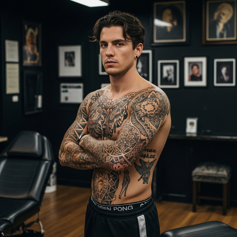 Realistic Shirtless Caucasian Man with Intricate Tattoos