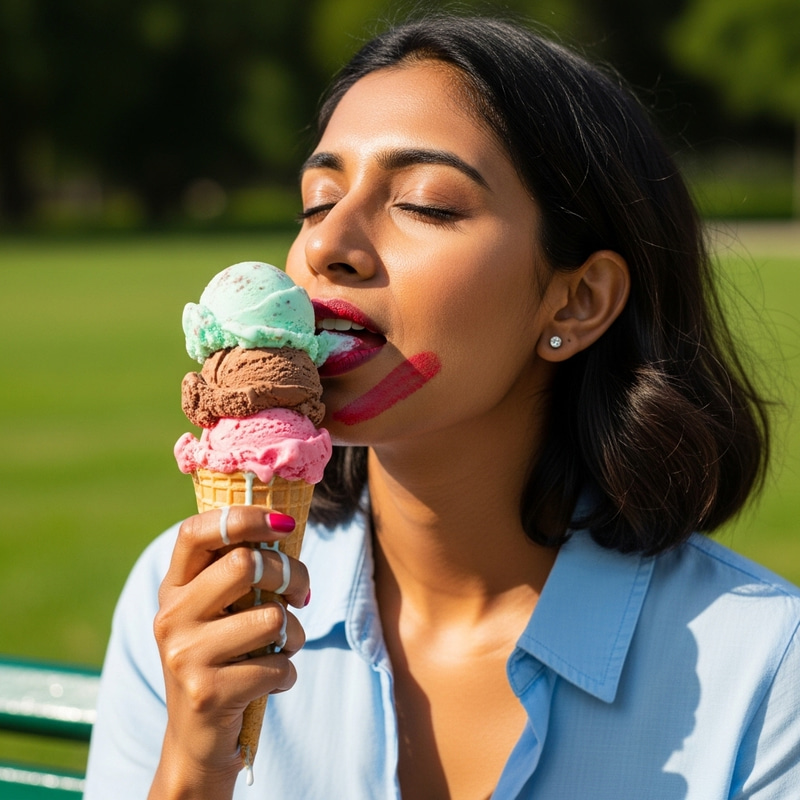 Joyful Mother Indulging in Ice Cream Delight Joyful Mother Indulging in Ice Cream Delight
