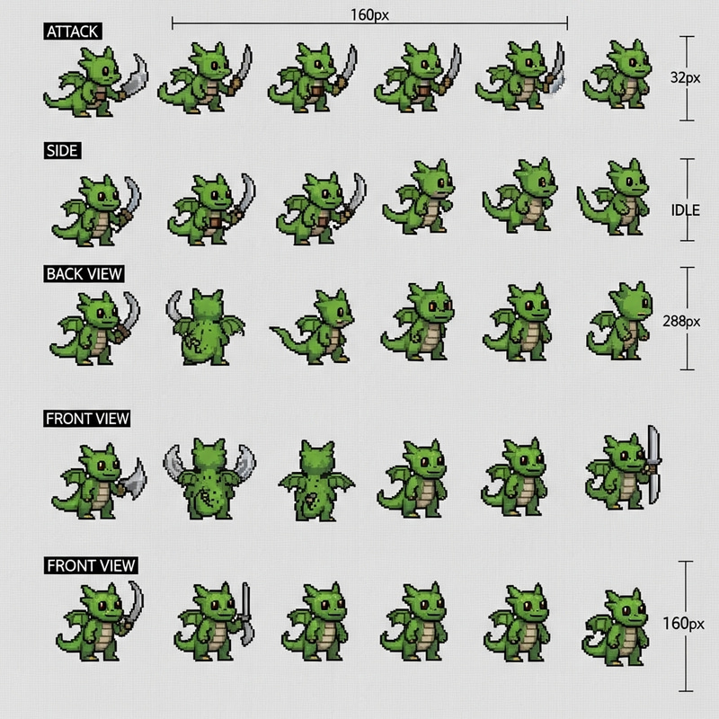 Pixel Art Sprite Sheet for Green Tiny Dragon - D&D-Style Character Design Pixel Art Sprite Sheet for Green Tiny Dragon - D&D-Style Character Design