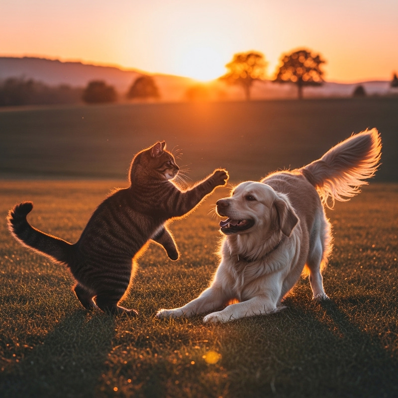 Cat And Dog Playfully Interacting Outdoors Cat And Dog Playfully Interacting Outdoors