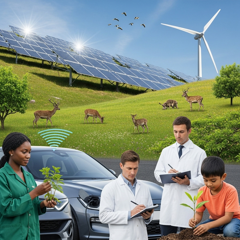 Sustainability Solutions: Solar Panels, Wind Turbine, Electric Car Sustainability Solutions: Solar Panels, Wind Turbine, Electric Car