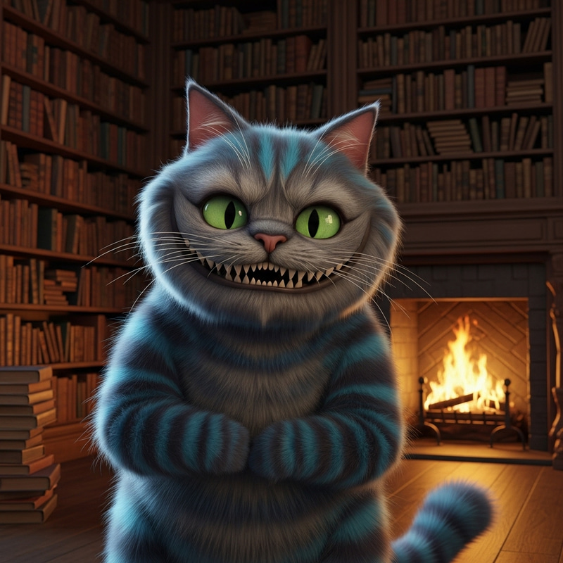 Cheshire Cat in Library Scene | Mystical and Enigmatic Cheshire Cat in Library Scene | Mystical and Enigmatic