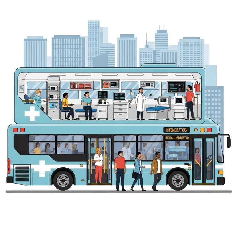 Cutting-Edge Medical Information Bus - Innovative Mobile Hospital Illustration Cutting-Edge Medical Information Bus - Innovative Mobile Hospital Illustration