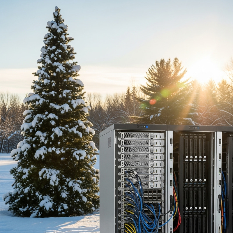 Snow-Covered Tech Servers Among Christmas Tree in Sunlight Snow-Covered Tech Servers Among Christmas Tree in Sunlight