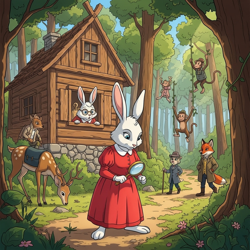 Cartoon White Rabbit in Red Dress Explores with Animal Friends Cartoon White Rabbit in Red Dress Explores with Animal Friends