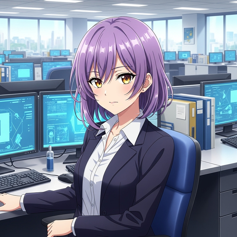 Anime Style Girl with Purple Hair in Office Setting Anime Style Girl with Purple Hair in Office Setting