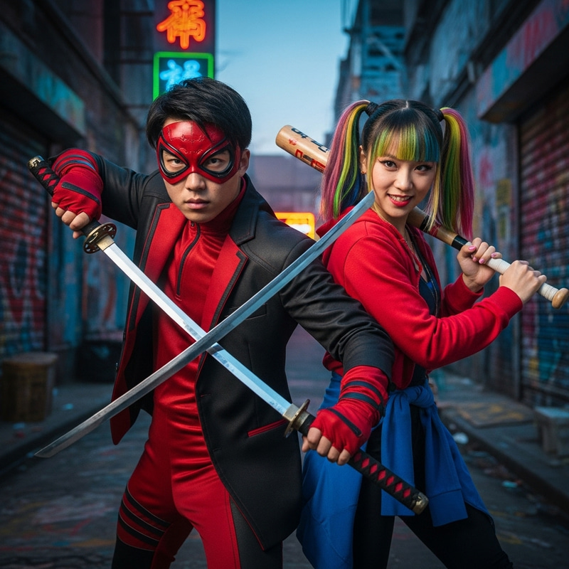 Realistic Asian Duo Cosplay: Deadpool & Harley Quinn | Dynamic Pose Realistic Asian Duo Cosplay: Deadpool & Harley Quinn | Dynamic Pose