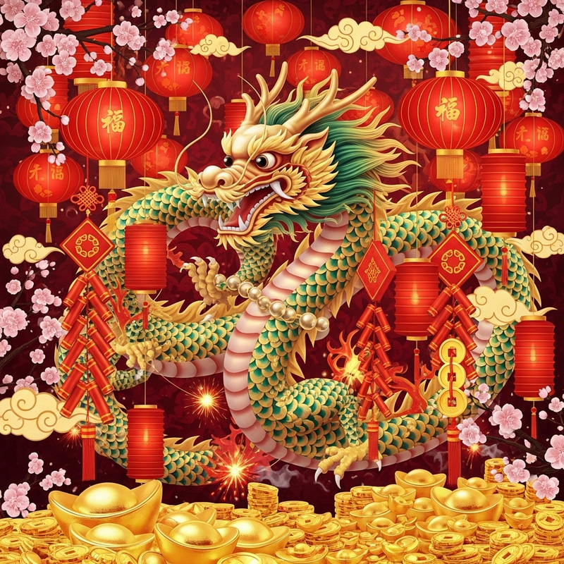 Lunar New Year Blessings with Festive Dragon Atmosphere Lunar New Year Blessings with Festive Dragon Atmosphere