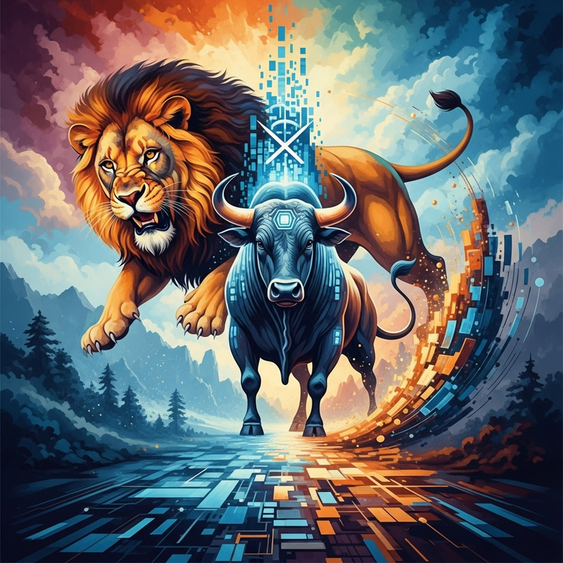 Masterful Lion and Bull Painting in Tech Landscape | Innovative Artwork Masterful Lion and Bull Painting in Tech Landscape | Innovative Artwork