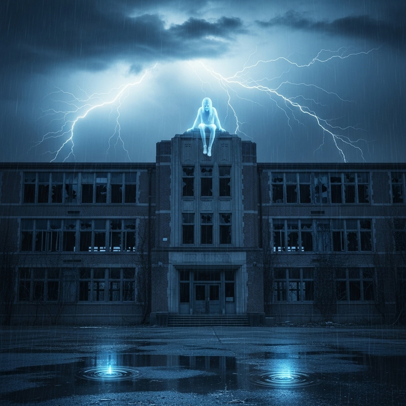 Ethereal Ghost on Abandoned School in Stormy Atmosphere