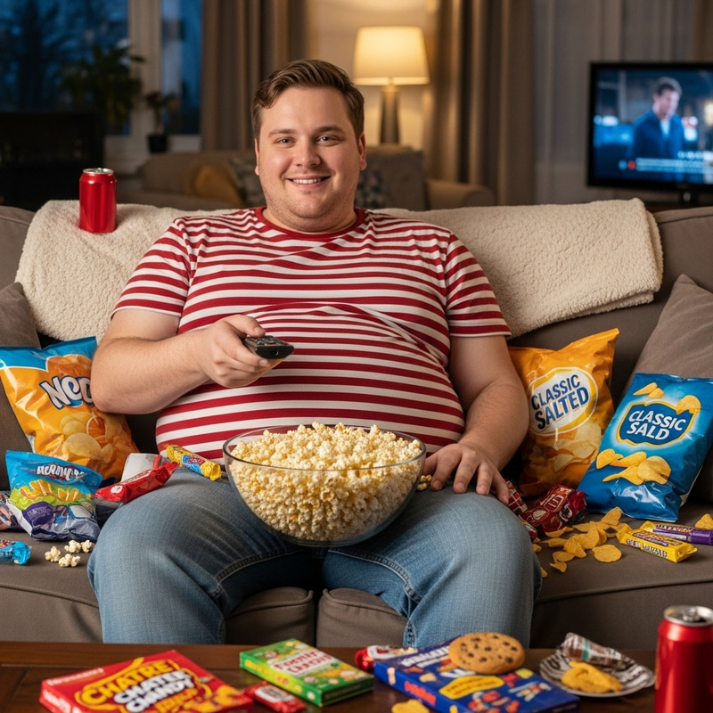The Fattest Man in the World: Overweight Man Surrounded by Snacks The Fattest Man in the World: Overweight Man Surrounded by Snacks